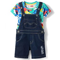 Babyhug Single Jersey Knit Half Sleeves Abstract Printed Tee & Dungaree Set - Multicolour