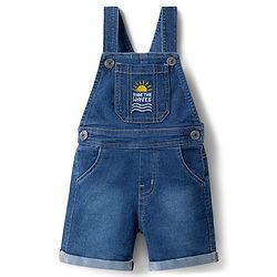 Babyhug Single Jersey Knit Half Sleeves Striped T-Shirt & Denim Dungarees Set with Embroidery - Blue