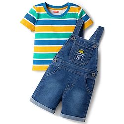 Babyhug Single Jersey Knit Half Sleeves Striped T-Shirt & Denim Dungarees Set with Embroidery - Blue