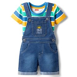 Babyhug Single Jersey Knit Half Sleeves Striped T-Shirt & Denim Dungarees Set with Embroidery - Blue