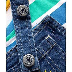 Babyhug Single Jersey Knit Half Sleeves Striped T-Shirt & Denim Dungarees Set with Embroidery - Blue