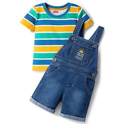 Babyhug Single Jersey Knit Half Sleeves Striped T-Shirt & Denim Dungarees Set with Embroidery - Blue