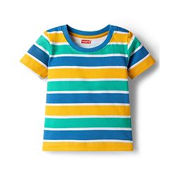 Babyhug Single Jersey Knit Half Sleeves Striped T-Shirt & Denim Dungarees Set with Embroidery - Blue