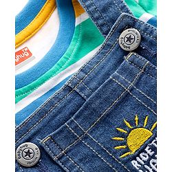 Babyhug Single Jersey Knit Half Sleeves Striped T-Shirt & Denim Dungarees Set with Embroidery - Blue