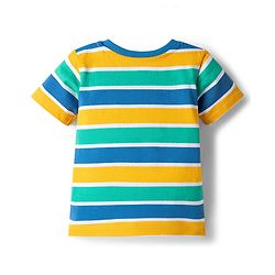 Babyhug Single Jersey Knit Half Sleeves Striped T-Shirt & Denim Dungarees Set with Embroidery - Blue