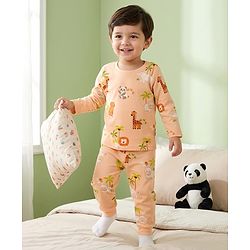 Babyhug Cotton Knit Full Sleeves Jungle Theme Printed Co-Ords T-Shirt & Pyjama Night Suit - Tan