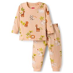 Babyhug Cotton Knit Full Sleeves Jungle Theme Printed Co-Ords T-Shirt & Pyjama Night Suit - Tan