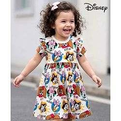 Babyhug Disney Single Jersey Knit Half Sleeves Frock With Minnie Mouse & Friends Print - White