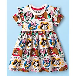 Babyhug Disney Single Jersey Knit Half Sleeves Frock With Minnie Mouse & Friends Print - White