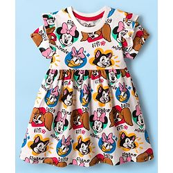 Babyhug Disney Single Jersey Knit Half Sleeves Frock With Minnie Mouse & Friends Print - White
