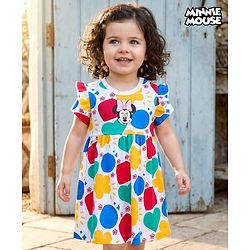 Babyhug Disney Single Jersey Knit Half Sleeves Frock With Minnie Mouse & Friends Print - White