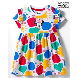 Babyhug Disney Single Jersey Knit Half Sleeves Frock With Minnie Mouse & Friends Print - White