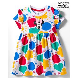 Babyhug Disney Single Jersey Knit Half Sleeves Frock With Minnie Mouse & Friends Print - White