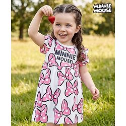 Babyhug Disney Single Jersey Knit Half Sleeves Frock With Minnie Moue & Friends Print - White
