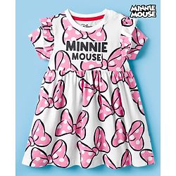 Babyhug Disney Single Jersey Knit Half Sleeves Frock With Minnie Moue & Friends Print - White