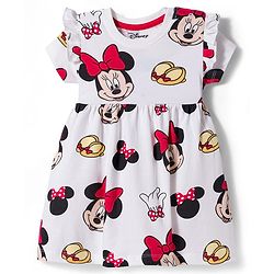 Babyhug Disney Single Jersey Knit Half Sleeves Frock With Minnie Mouse & Friends Print - White