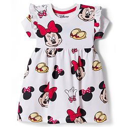 Babyhug Disney Single Jersey Knit Half Sleeves Frock With Minnie Mouse & Friends Print - White
