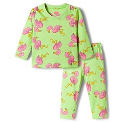 Babyhug Cotton Knit Full Sleeves T-Shirt & Pajama Co-ords Night Suit With Bird Print - Green