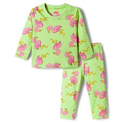 Babyhug Cotton Knit Full Sleeves T-Shirt & Pajama Co-ords Night Suit With Bird Print - Green
