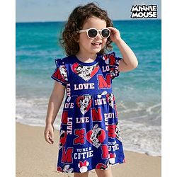 Babyhug Disney Single Jersey Knit Half Sleeves Frock With Minnie Mouse & Friends Print - Navy Blue