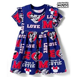Babyhug Disney Single Jersey Knit Half Sleeves Frock With Minnie Mouse & Friends Print - Navy Blue