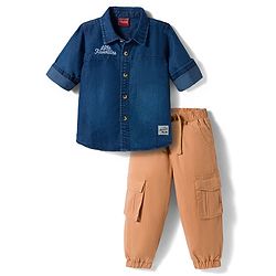 Babyhug Denim Full Sleeves Shirt & Trouser Set with Embroidery - Blue & Brown