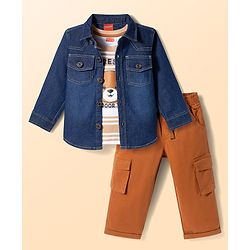Babyhug Denim Woven Full Sleeves Shirt & Trouser Set With Printed Inner Tee - Blue & Brown