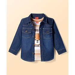 Babyhug Denim Woven Full Sleeves Shirt & Trouser Set With Printed Inner Tee - Blue & Brown