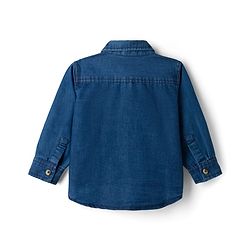 Babyhug Woven Full Sleeves Denim Shirt & Trouser Set With NY Embroidery - Blue & Beige
