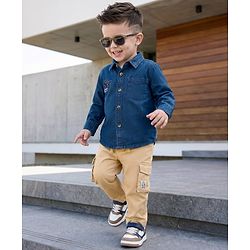 Babyhug Woven Full Sleeves Denim Shirt & Trouser Set With NY Embroidery - Blue & Beige