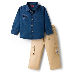 Babyhug Woven Full Sleeves Denim Shirt & Trouser Set With NY Embroidery - Blue & Beige