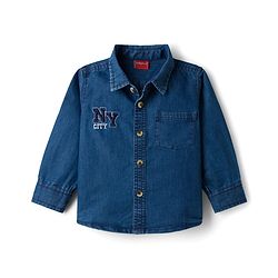 Babyhug Woven Full Sleeves Denim Shirt & Trouser Set With NY Embroidery - Blue & Beige