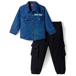 Babyhug Denim Woven Full Sleeves Shirt & Jeans Set with New York Print - Blue
