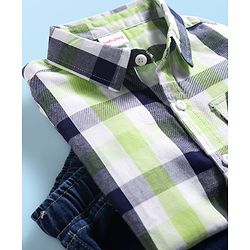 Babyhug Cotton Woven Half Sleeves Checkered Shirt & Denim Shorts Set - Navy Blue