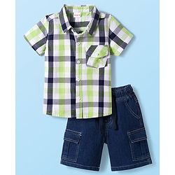 Babyhug Cotton Woven Half Sleeves Checkered Shirt & Denim Shorts Set - Navy Blue