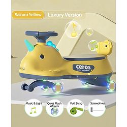 Babyhug Dino Kids Swing Car with ABEC 7 Bearing Lights & Music- Yellow| Smooth PU LED Wheels| Easy to Operate| Built for Rough Play| Encourages Physical Activity| For Kids of 3 to 8 years| Sport Gift