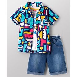 Babyhug Rayon Knit Half Sleeves Printed Shirt & Denim Shorts Set with Inner Tee - Blue