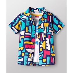 Babyhug Rayon Knit Half Sleeves Printed Shirt & Denim Shorts Set with Inner Tee - Blue