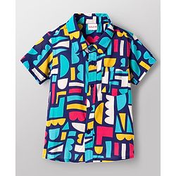 Babyhug Rayon Knit Half Sleeves Printed Shirt & Denim Shorts Set with Inner Tee - Blue