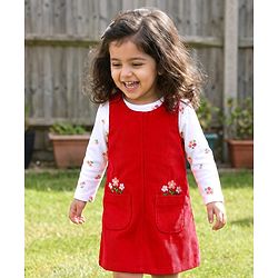 Babyhug Cotton Woven Frock with Full Sleeves Inner Tee Floral Print & Embroidery - Red & White