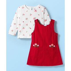 Babyhug Cotton Woven Frock with Full Sleeves Inner Tee Floral Print & Embroidery - Red & White