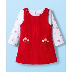 Babyhug Cotton Woven Frock with Full Sleeves Inner Tee Floral Print & Embroidery - Red & White