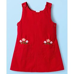 Babyhug Cotton Woven Frock with Full Sleeves Inner Tee Floral Print & Embroidery - Red & White