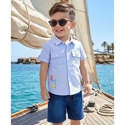 Babyhug Cotton Knit Half Sleeves Shirt with Stamp Print & Denim Shorts Set -  Blue