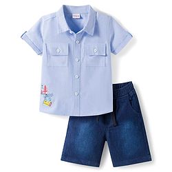 Babyhug Cotton Knit Half Sleeves Shirt with Stamp Print & Denim Shorts Set -  Blue