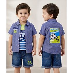 Babyhug Cotton Knit Half Sleeves Shirt & Denim Shorts Set With Printed Inner Tee - Blue