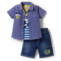 Babyhug Cotton Knit Half Sleeves Shirt & Denim Shorts Set With Printed Inner Tee - Blue