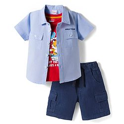 Babyhug Cotton Knit Half Sleeves & Shorts Set With Tiger Printed Tank T-Shirt - Blue & Red