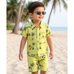 Babyhug Rayon Woven Half Sleeves Palm Tree Printed Shirt & Shorts Set - Light Green