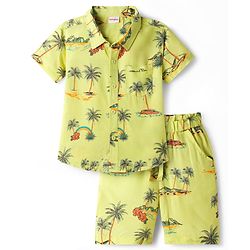 Babyhug Rayon Woven Half Sleeves Palm Tree Printed Shirt & Shorts Set - Light Green